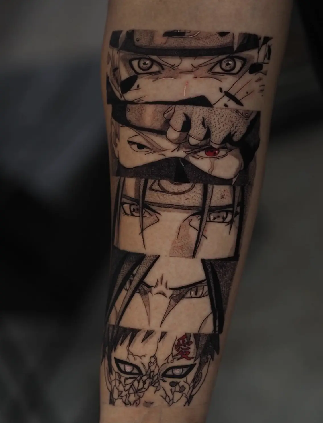 Naruto character panels tattoo showing emotional progression by Sara at Omnia Tattoo Melbourne